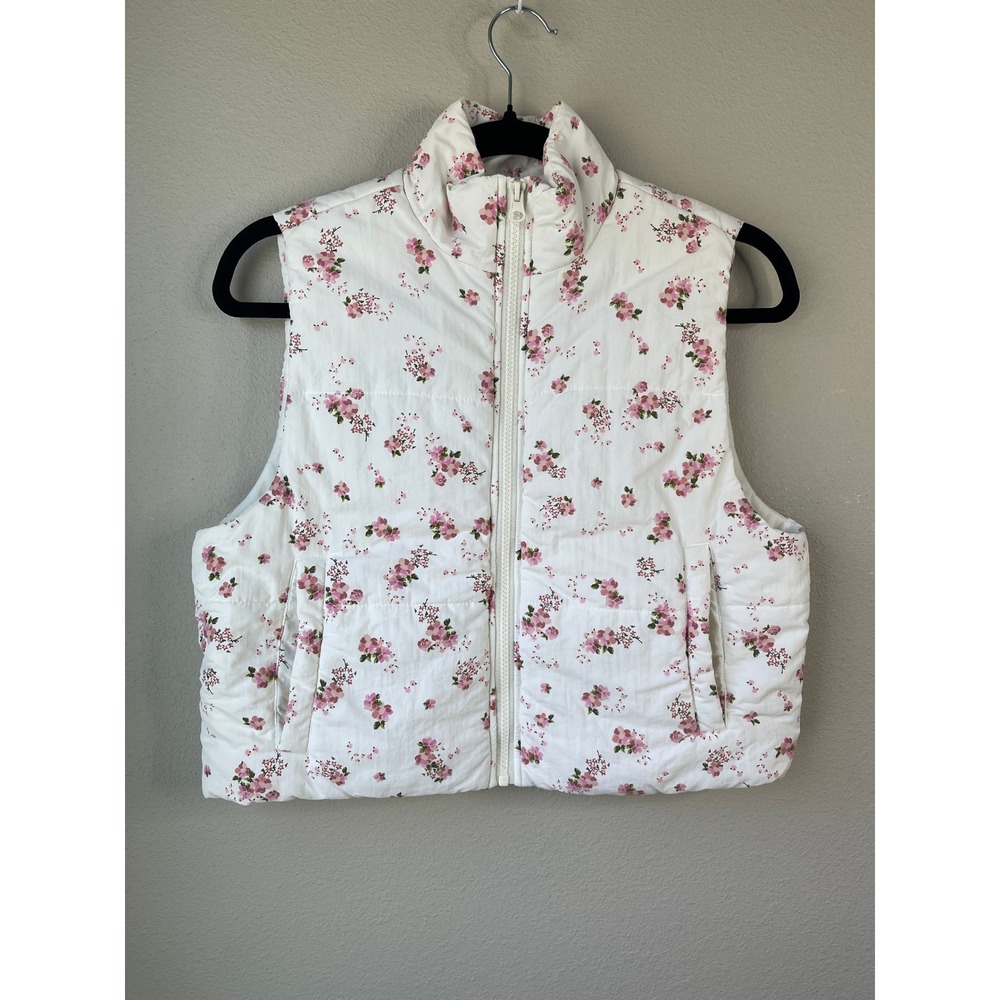 Lovefire Puffer Vest White Pink Floral Sleeveless Full Zip Jacket